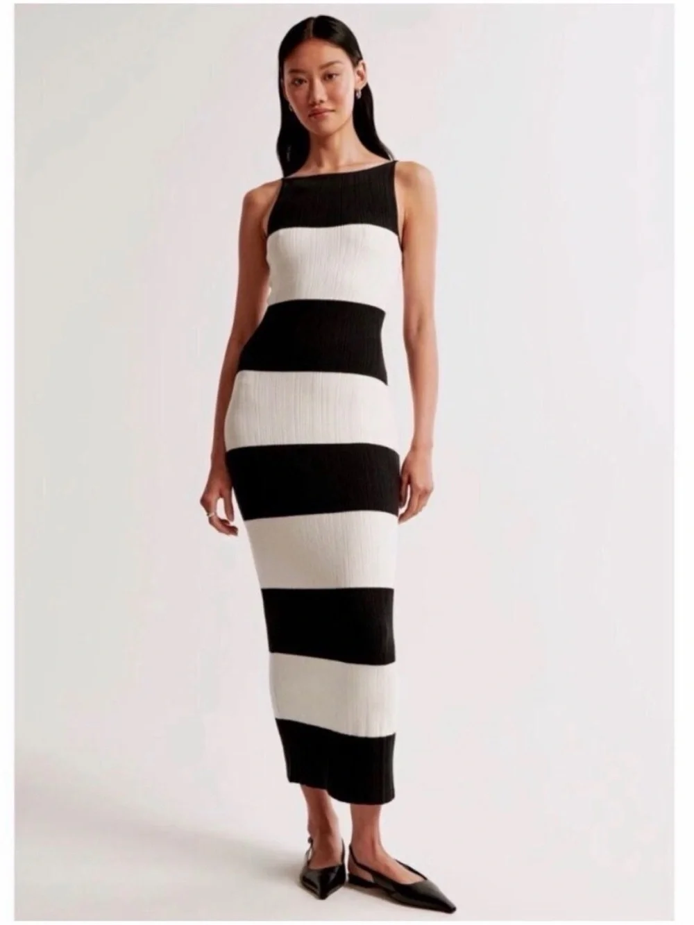 Black and White Striped Ribbed Midi Dress
